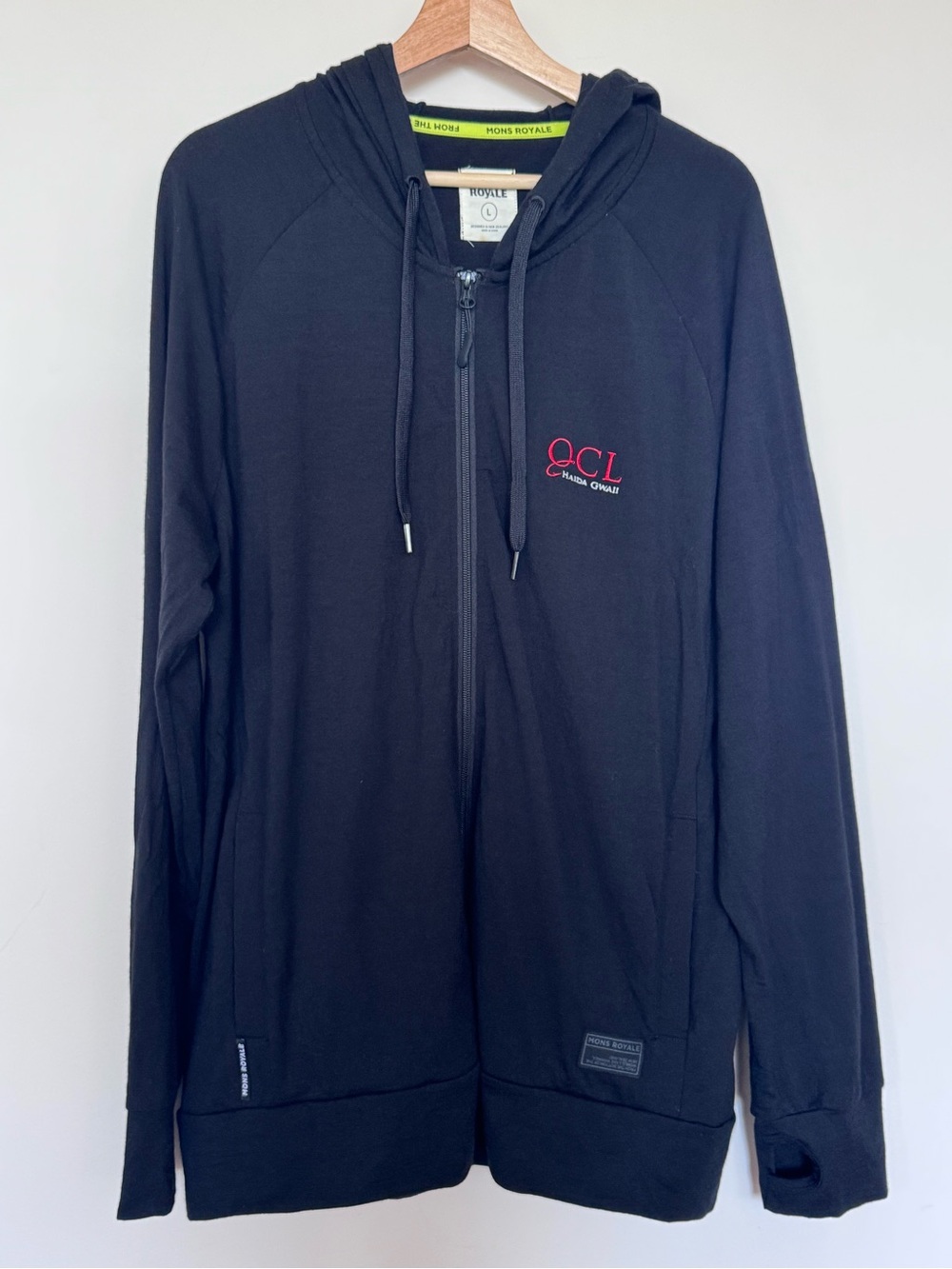 Men’s Black Mons Royale Merino Wool Full Zip Hoodie Lightweight Activewear